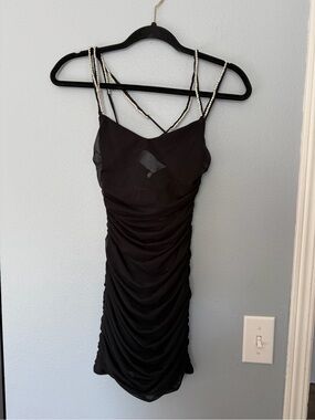 Lucy in the Sky Black Ruched Mini Dress with Beaded Straps
